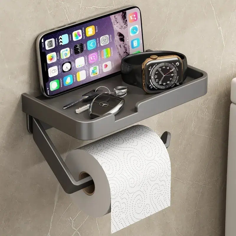 Suporte de Papel Higiênico Preto com Porta Celular