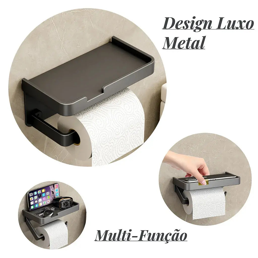 Suporte de Papel Higiênico Preto com Porta Celular