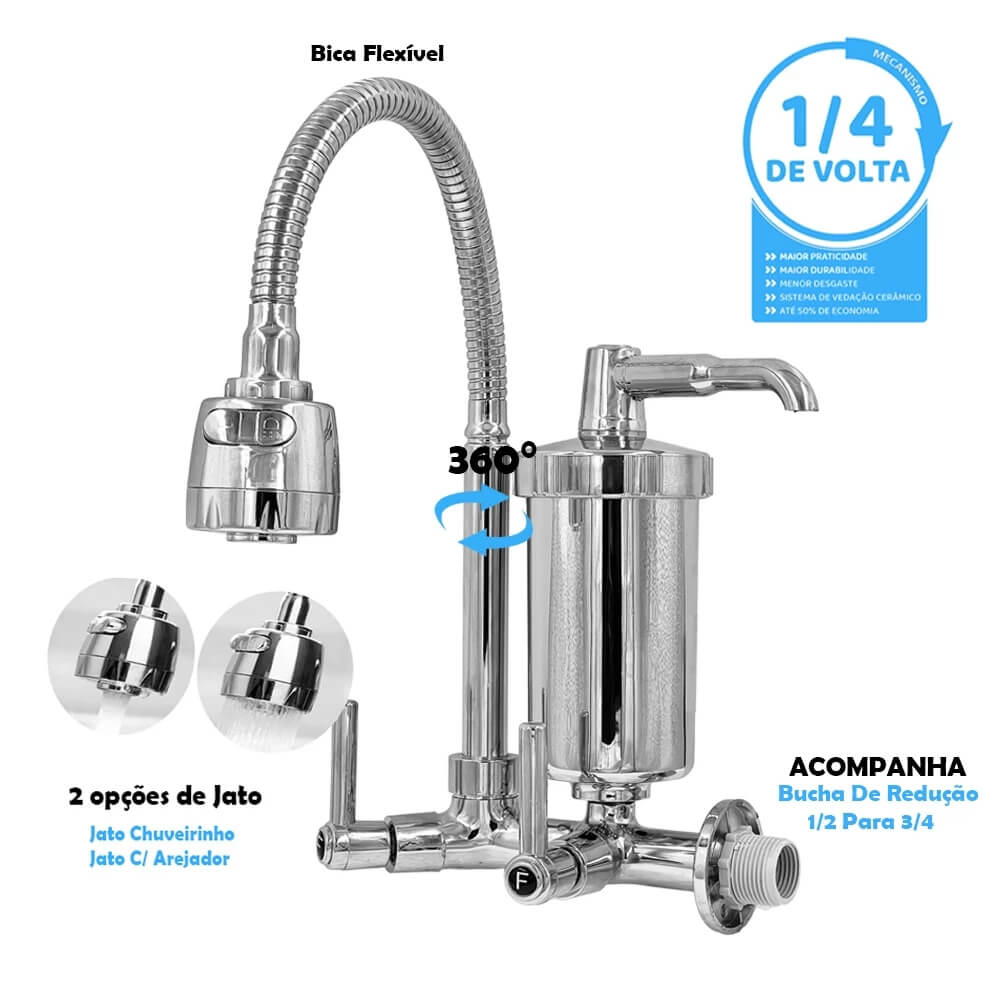 Torneira Gourmet Com Filtro Cozinha Luxo Parede 1/4 De Volta