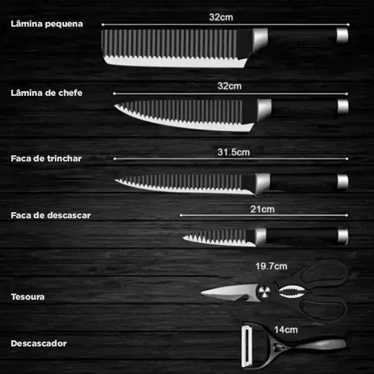 Conjunto Profissional de Facas Inox 6 em 1 – Corte com Precisão, Estilo e Segurança